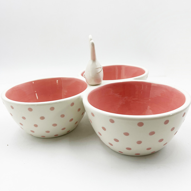 Classic Pink Cute Ceramic Material Tri Part Serving Bowl Thỏ ngớ ngẩn với tay cầm thỏ