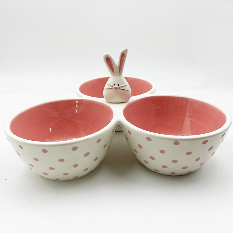Classic Pink Cute Ceramic Material Tri Part Serving Bowl Thỏ ngớ ngẩn với tay cầm thỏ