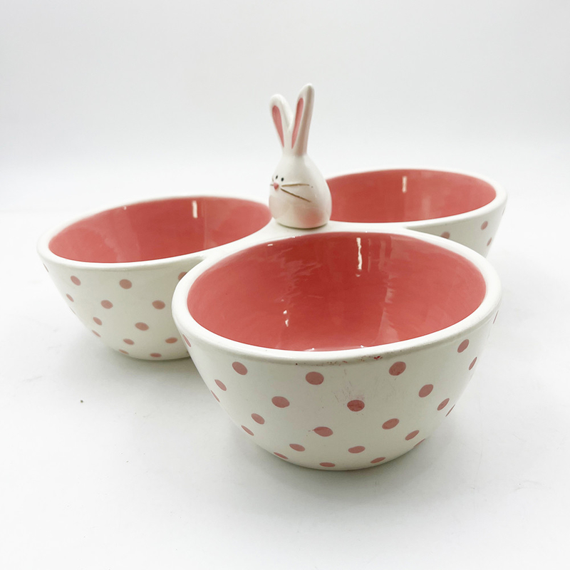Classic Pink Cute Ceramic Material Tri Part Serving Bowl Thỏ ngớ ngẩn với tay cầm thỏ
