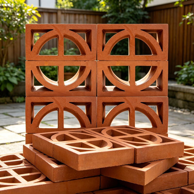 Natural Terracotta Ventilation Block trang trí đất sét đỏ Breeze Block với bán vòng cắt cho vườn riêng tư Bức tường mặt tiền