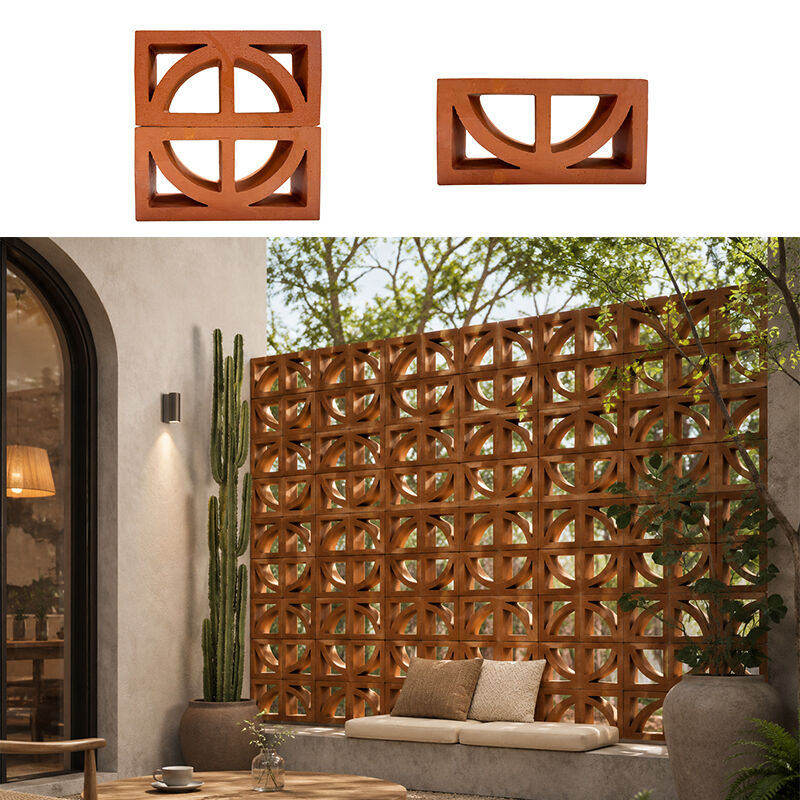Natural Terracotta Ventilation Block trang trí đất sét đỏ Breeze Block với bán vòng cắt cho vườn riêng tư Bức tường mặt tiền