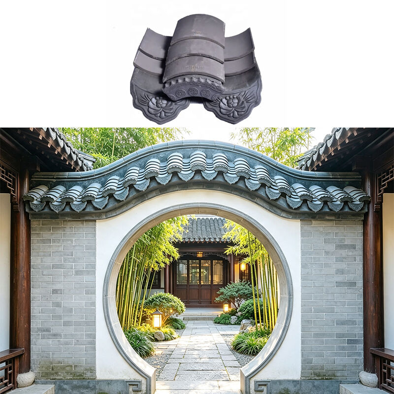 Bộ ngói mái Á Đông cổ màu xám cho vòm cổng trăng, ngói diềm mái chạm khắc cho cổng vườn Zen & lối vào