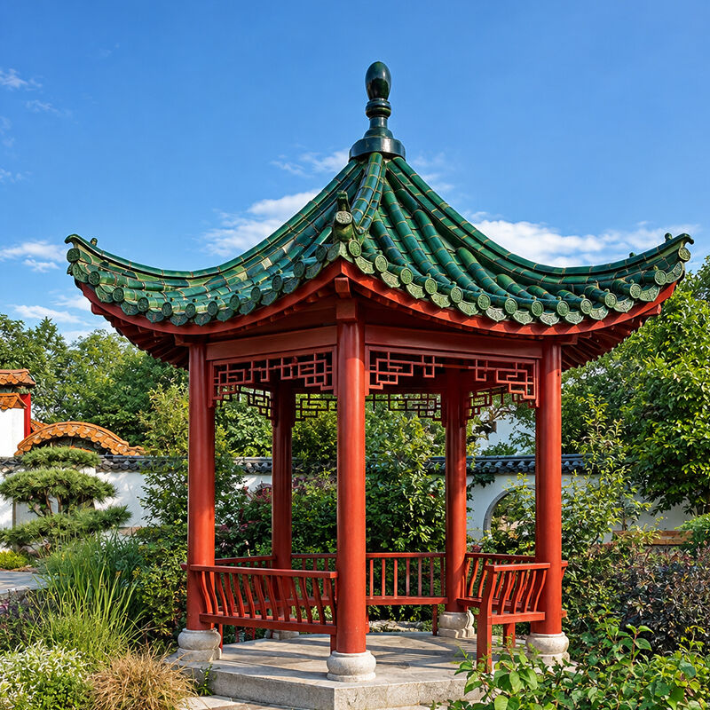 Hexagonal Japanese Wooden Garden Pavilion Red Timber Gazebo Kit with Emerald Green Glazed Tile Roof for Park Garden